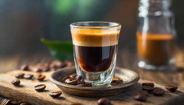 stoomende espresso geschoten in een kristalhelder glas het vangen van de rijke aroma en uitnodigende warmte van fre