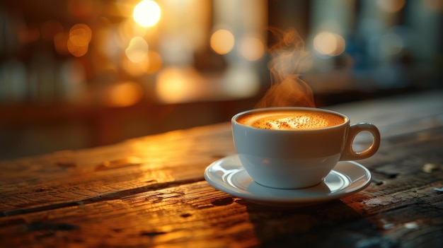 Foto stoomende espresso in een witte beker op een rustieke houten tafel