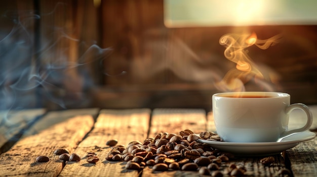 Stoomende hete koffiekop met geroosterde bonen op een houten tafel voor een perfecte ochtendbrouwsel