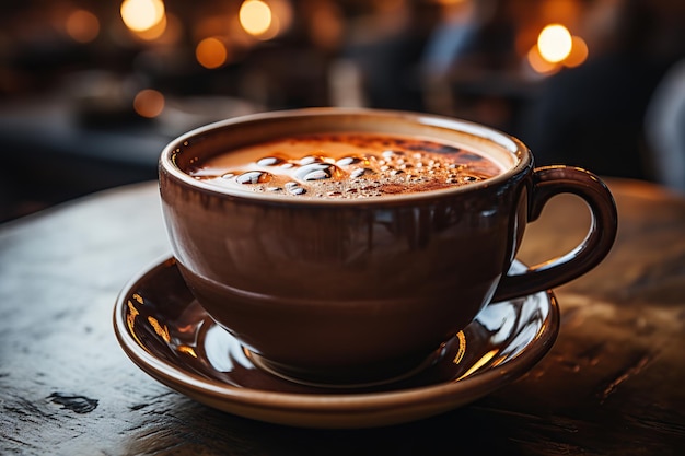 Stoomende hete koffiekop op een houten tafel, gegenereerd door AI.