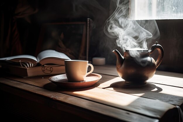 Stoomende koffie in de rustieke tafeltuin op de achtergrond generatieve IA