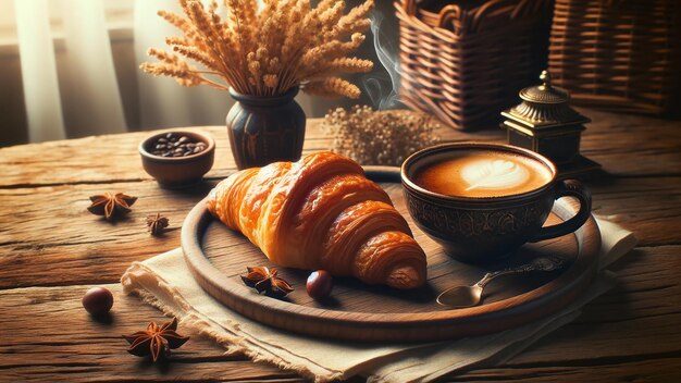 stoomende koffiekop en een versgebakken croissant op een bord op een houten tafel