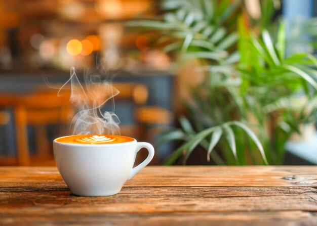 Stoomende koffiekop op een warme houten koffietafel.