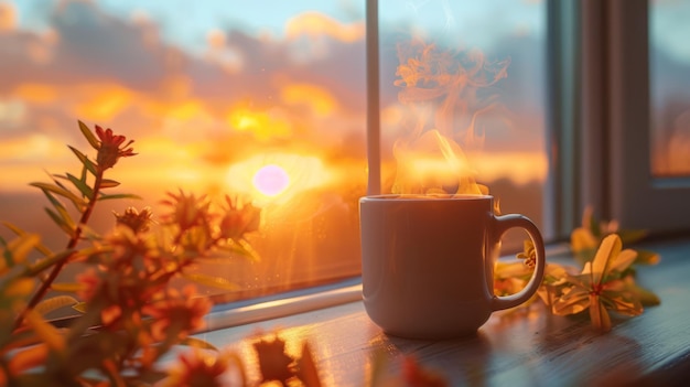 Foto stoomende koffiekop op zonsopgang vensterbank serene ochtend