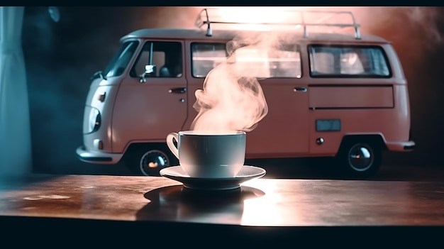 Stoomende kop koffie in een busje leven campervan leven het langzame leven Ai Generative