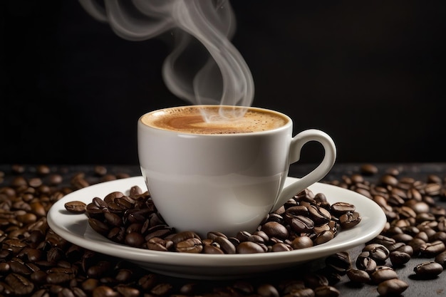 Stoomende kop koffie met geroosterde bonen