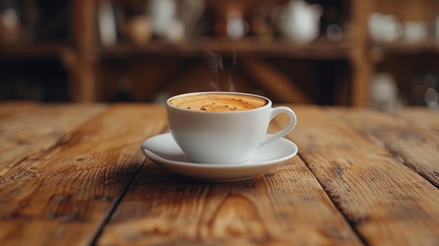 Stoomende kop koffie op een houten tafel