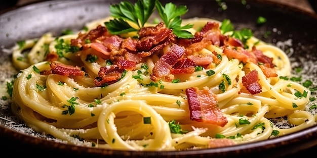 Foto stoomplaat van spaghetti carbonara met stukjes spek en peterselie