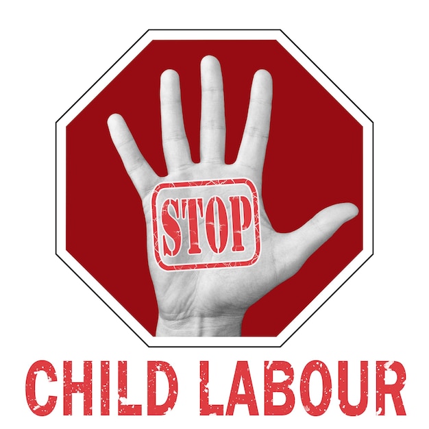 Photo stop child labor conceptual illustration. open hand with the text stop child labor. global social problem