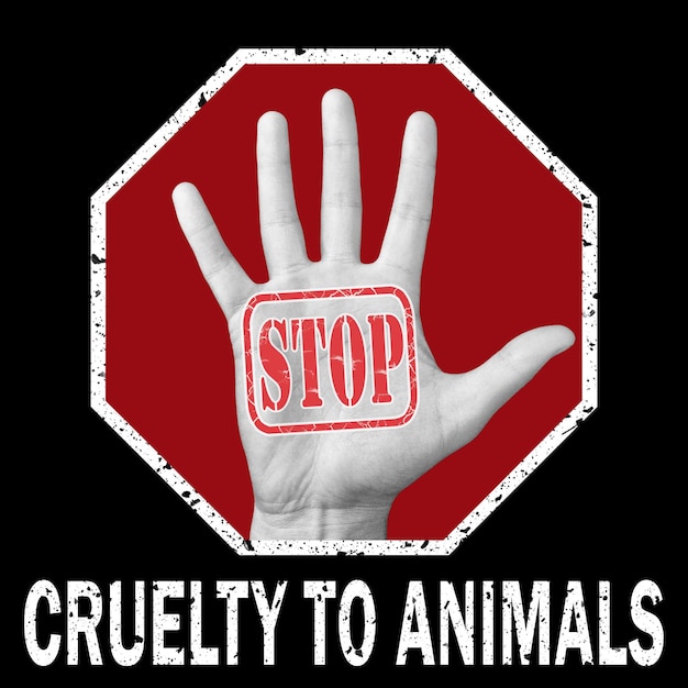 Photo stop cruelty animals conceptual illustration. open hand with the text stop cruelty animals. global social problem