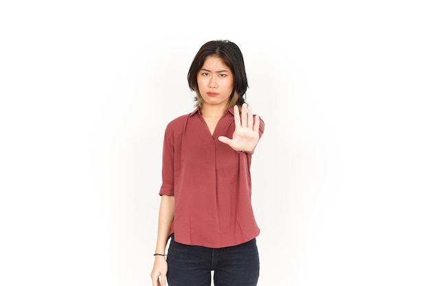 Stop hand afwijzing gebaar van mooie Aziatische vrouw geïsoleerd op een witte achtergrond