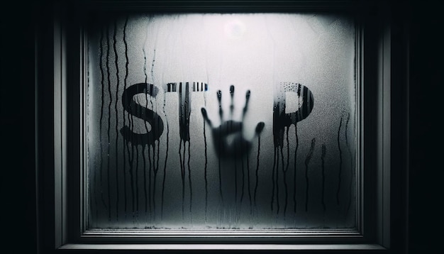 STOP Inscribed on Misty Glass Eerie Handprint Amplifying a Frightening Aura