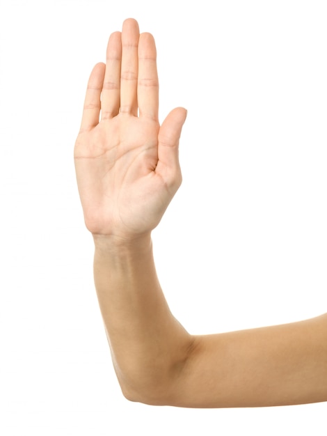 Stop it! Woman hand gesturing isolated on white