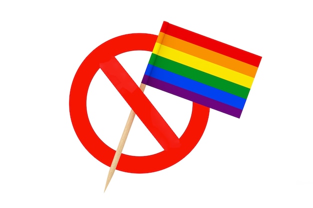 Stop LGBT Concept. Mini Paper LGBT Rainbow Pointer Flag with Prohibit Symbol on a white background. 3d Rendering