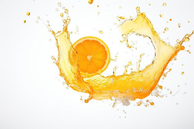白い背景にオレンジジュースのスプラッシュで隔離された新鮮なオレンジスライスの停止運動