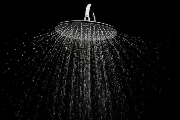 Stop-motionbeelden van waterdruppels die uit een douchekop in een badkamer stromen tegen een zwarte achtergrond