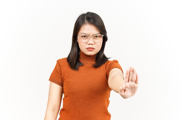 Stop and Rejection Hand Gesture Of Beautiful Asian Woman Isolated On White Background