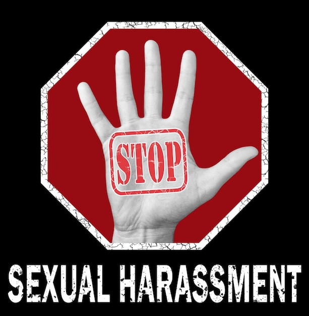 Stop sexual harassment conceptual illustration. open hand with the text stop sexual harassment. global social problem