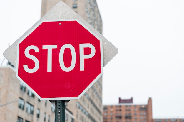 Stop sign closeup with blurred background