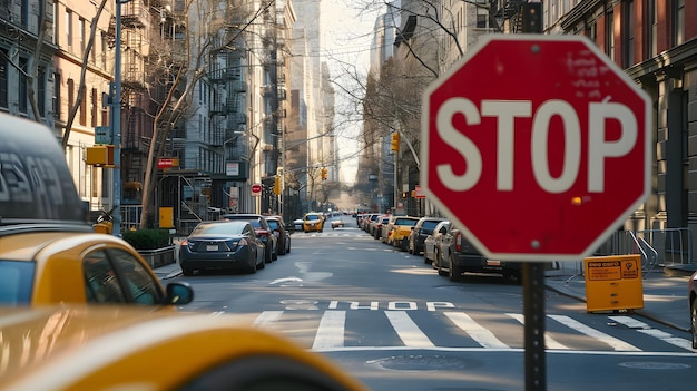 写真 車とタクシーが混雑した街の通りで街の背景がぼやけている信号を止めなさい