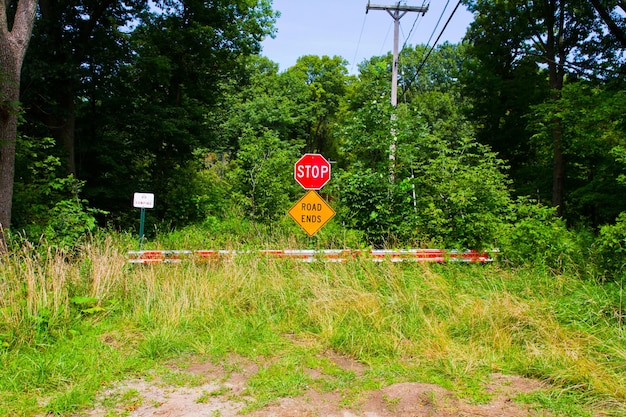 Photo stop sign and road ends warning in secluded michigan woodland