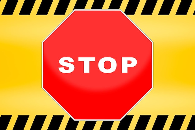 Stop sign template with yellow caution police line background