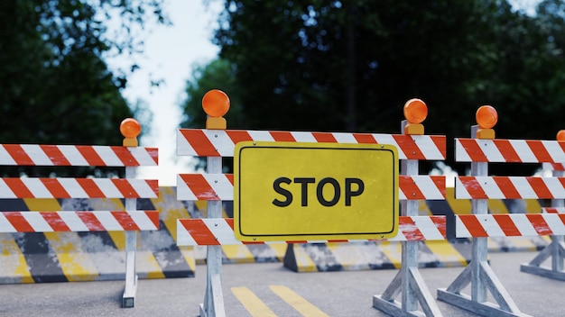 Stop sign with traffic barrier on road 3d rendering