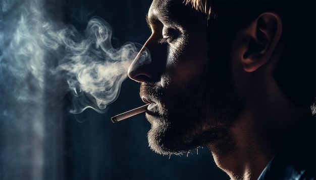 Stop smoking cigarettes concept Portrait cigarette in mouth Background surrounded with smoke