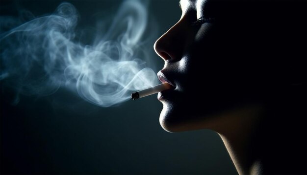 Stop smoking cigarettes concept Portrait cigarette in mouth Background surrounded with smoke