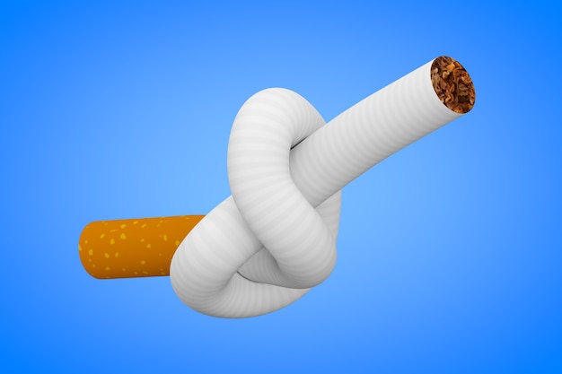 Photo stop smoking concept. cigarette tied to a knot on a blue background 3d rendering