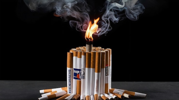 Stop smoking concept with bundle of cigarettes and wick against black backdrop