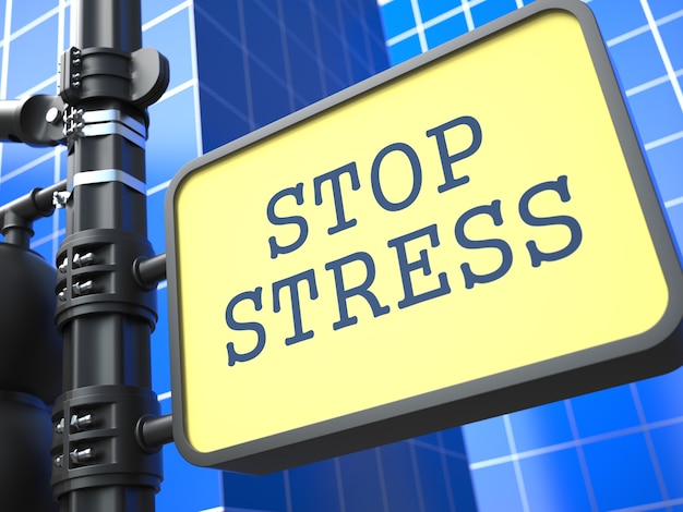 stop stress tekst Waymark op blauwe achtergrond