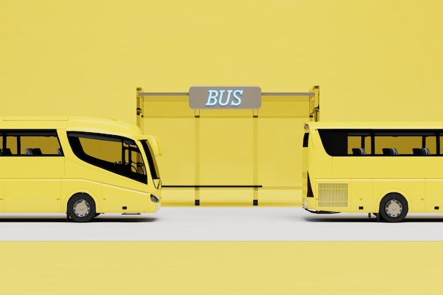 사진 노란색 배경 3d 렌더에서 버스 정류장 옆에 있는 노란색 버스를 기다리기 위해 중지