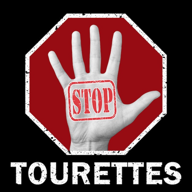 Tourettes 개념 설명을 중지 합니다. 텍스트 중지 Tourettes와 손을 엽니다. 글로벌 사회 문제