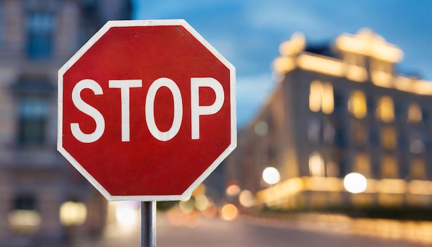 Stop verkeersbord Rode achthoek met witte letters Vervaagde bokeh op achtergrond