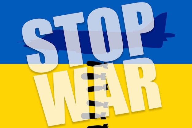 Stop war conflict between Ukraine and Russia Blue and yellow flag with a bombing plane