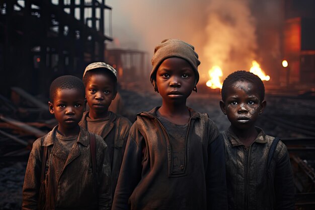 Stop the war A group of African American children in dirty clothes stands in the middle of a bombedout street and looking at camera