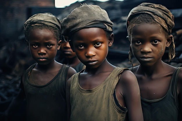 Stop the war Group of an African American children in dirty clothes stands in the middle of a bombedout street and looking at camera