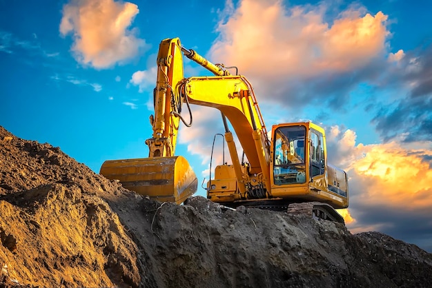 A stopping yellow excavator at an incredibly beautiful sunset