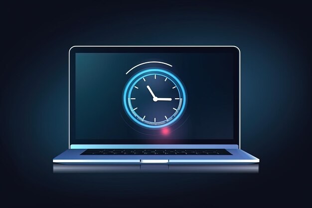 ノートパソコンのスクリーンにストップウォッチのイラスト 濃い青い背景 ジェネレーティブAI