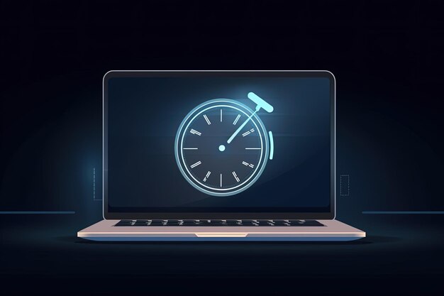 ノートパソコンのスクリーンにストップウォッチのイラスト 濃い青い背景 ジェネレーティブAI