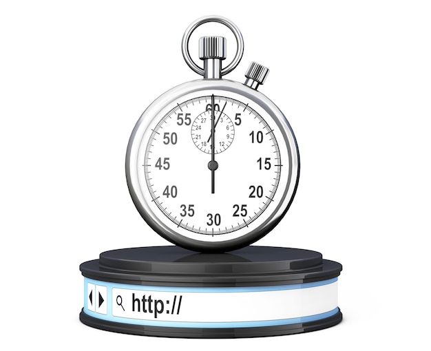 Stopwatch over browseradresbalk als ronde platformvoetstuk op een witte achtergrond. 3d-rendering