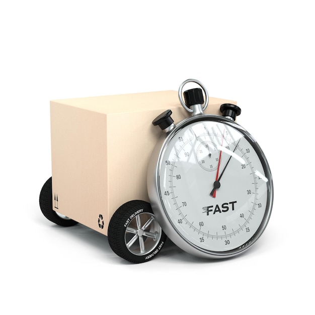 Stopwatch placed in front of a cardboard box with wheels - 3D rendering