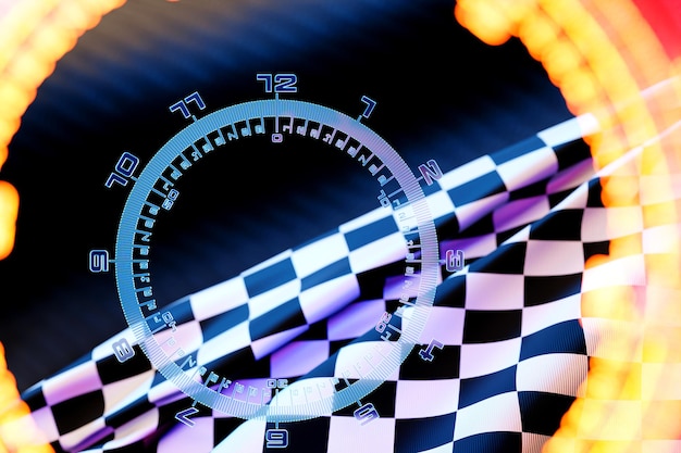 Foto cronometro in stile realistico su bandiera da corsa a scacchi illustrazione classica del cronometro 3s