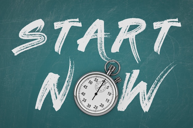 Stopwatch with Start Now Sign on a chalkboard background. 3d Rendering