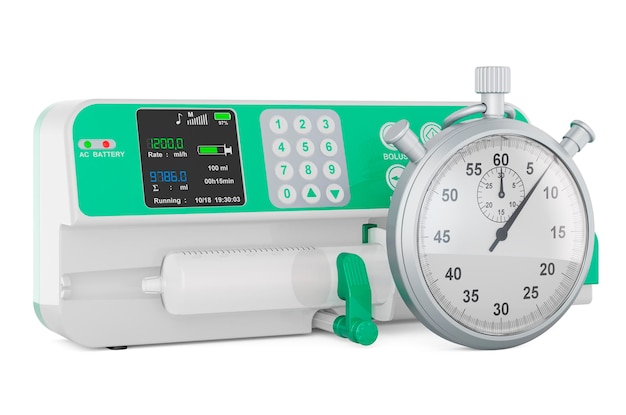 Stopwatch with syringe infusion pump 3D rendering