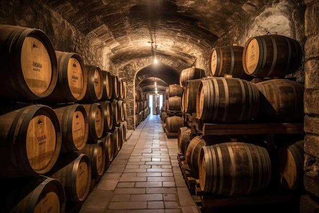 Storage cellar with barrels making wine or whisky bottles Generative AI