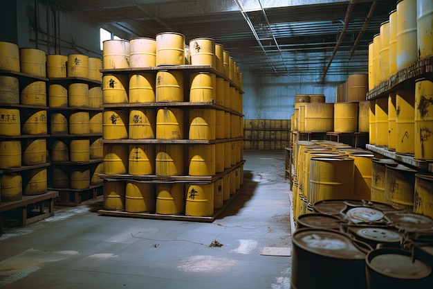 Storage facility with barrels of radioactive waste stacked on metal racks created with generative ai