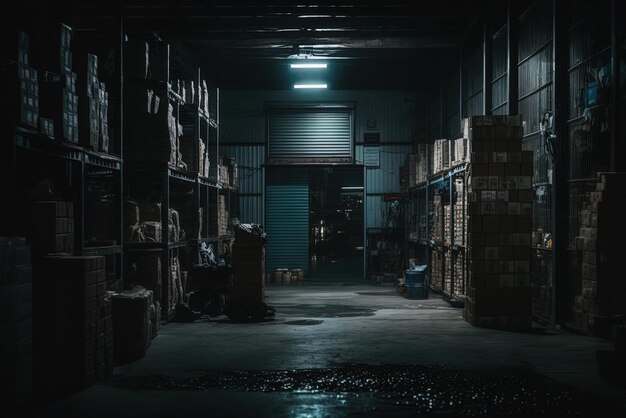 Storage facility with a lot of racks and shelves that isn't very well illuminated