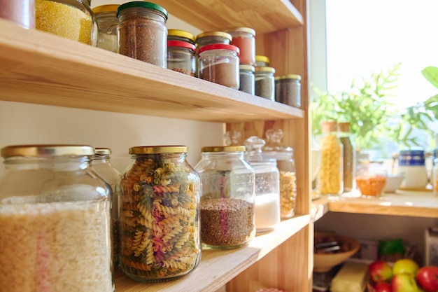 Foto mantenimento del cibo in cucina nella dispensa cereali spezie pasta noci farina in barattoli e contenitori utensili da cucina cucina a casa stoccaggio di cibo famiglia